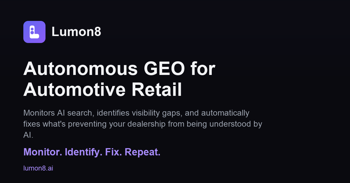 Lumon8 logo with the tagline Autonomous GEO for Automotive Retail and the line Monitor. Identify. Fix. Repeat.
